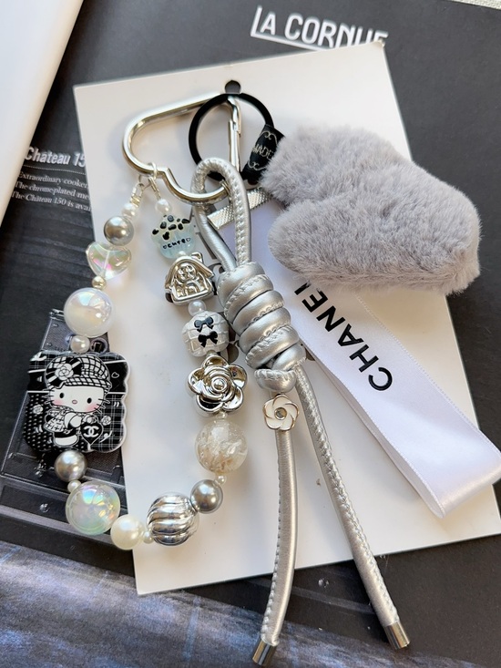 Handmade Accessories - Authentic CC Ribbon with Grey Plush Heart & hello Kitty Charm
